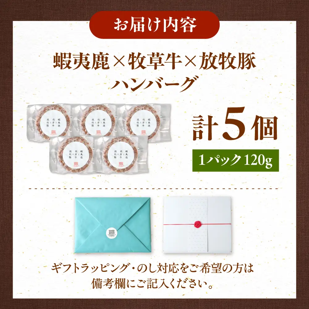 【蝦夷鹿×牧草牛×放牧豚】ハンバーグ 5個  鹿肉 牛肉 豚肉 ジビエ [AXBP003]