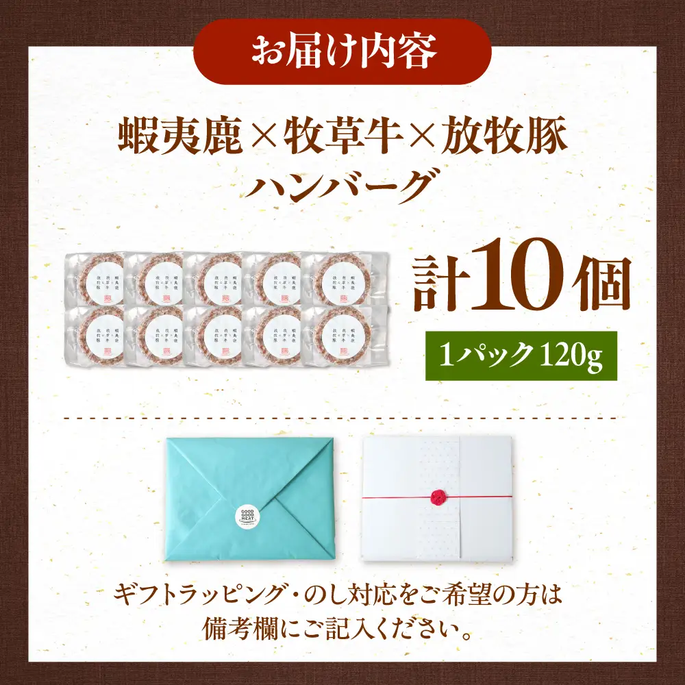 【蝦夷鹿×牧草牛×放牧豚】ハンバーグ 10個  鹿肉 牛肉 豚肉 小分け 冷凍 北海道 [AXBP004]