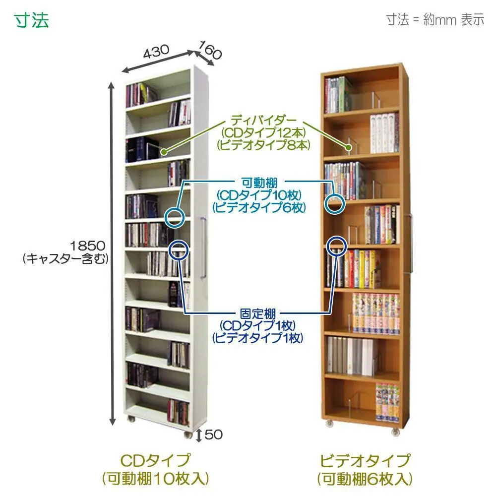 【ホワイト × 可動棚6枚入】すき間収納 AVワゴン 8段タイプ