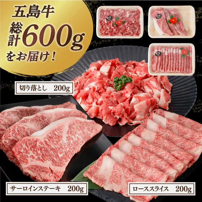 五島牛3種盛り サーロインステーキ ローススライス 切り落とし 計600g[RBP070] 五島牛 サーロイン ロース 五島牛 サーロイン ロース 五島牛 サーロイン ロース九州 長崎