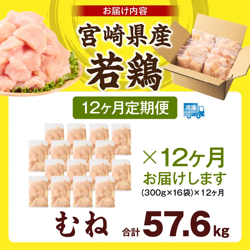 宮崎県産 若鶏切身 むね肉 4.8kg（300g×16袋）【12か月定期便】 肉 お肉 精肉 鶏肉 鶏 鳥 とり とりにく 若鶏 若鳥 むね ムネ肉 切身 カット済み 小分け パック 便利 からあげ お弁当 おかず 宮崎県産 宮崎産 国産 冷凍 定期便 おすそ分け _kn060-t032