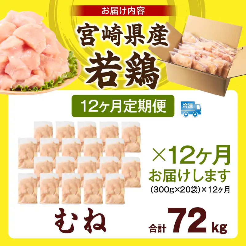 宮崎県産 若鶏切身 むね肉 6kg（300g×20袋）【12か月定期便】 肉 お肉 精肉 鶏肉 鶏 鳥 とり とりにく 若鶏 若鳥 むね ムネ肉 切身 カット済み 小分け パック 便利 からあげ お弁当 おかず 宮崎県産 宮崎産 国産 冷凍 定期便 おすそ分け _b0803_it_x2