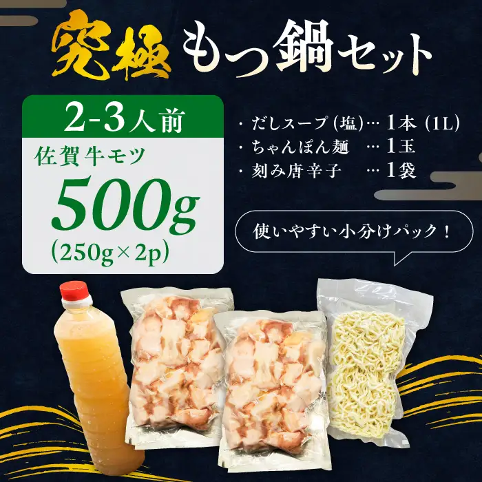 何度食べても飽きない美味しさ！こだわり 佐賀牛100% もつ鍋セット 500g(250g×2) 2~3人前 スープ・ちゃんぽん麺付 ホルモン 小腸 吉野ヶ里町/やきとり紋次郎[FCJ100]