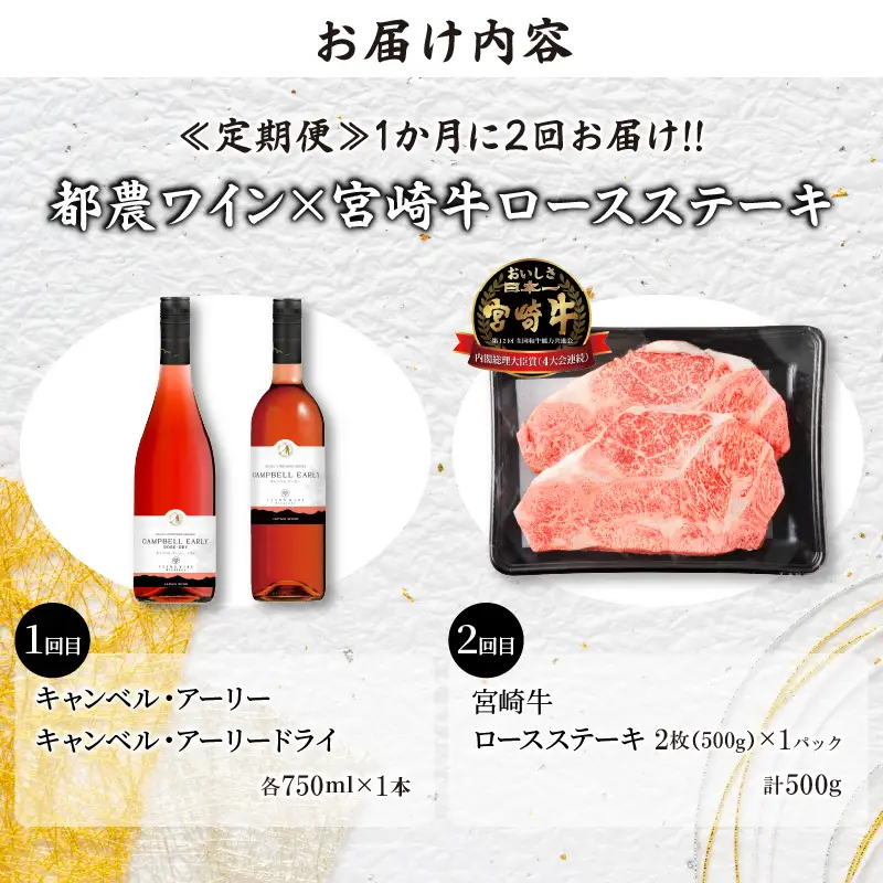 ≪定期便≫＼1か月に2回お届け!!／都農ワイン×ロースステーキ★最強コンビ 肉 牛肉 酒 飲料 国産_T999-0046