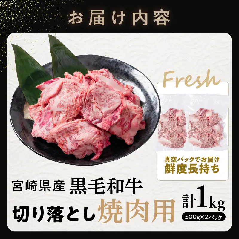 【2週間以内発送】宮崎県産黒毛和牛切り落とし(焼肉用)計1kg 肉 牛 牛肉 国産_T023-0175
