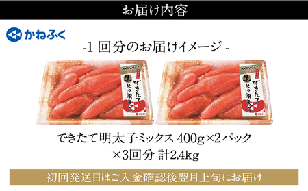 【3か月定期便】できたて明太子ミックス 400g（熟成タレ入り）2個セット　かねふく めんたいパーク 明太子 めんたいこ たらこ 海鮮 海の幸 魚介類 魚卵 ご飯のお供 おつまみ グルメ 食べ物 家庭用 お取り寄せ 愛知県 常滑市