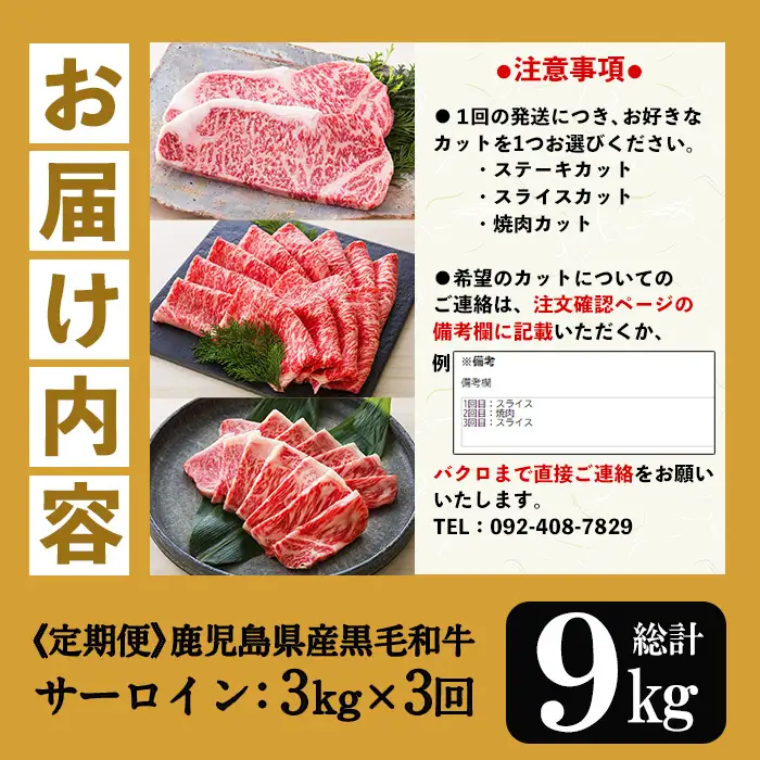 【3か月定期便】カットを選べる！鹿児島県産 黒毛和牛 サーロイン 半頭分 9kg（3kg×3回)  A4等級以上 定期便【00-030-17-TK】