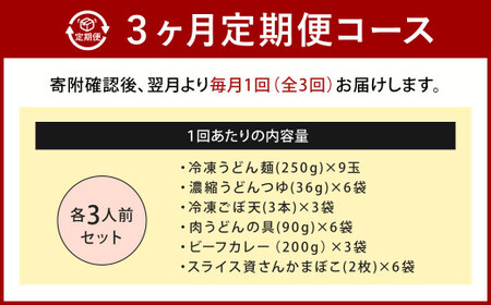【定期便3カ月】 資さん 食べ比べセット（肉ごぼ天うどん・肉うどん・カレーうどん）各3人前×3回 3種 合計27人前 黄金のつゆ かまぼこ 牛肉 昆布 かつお