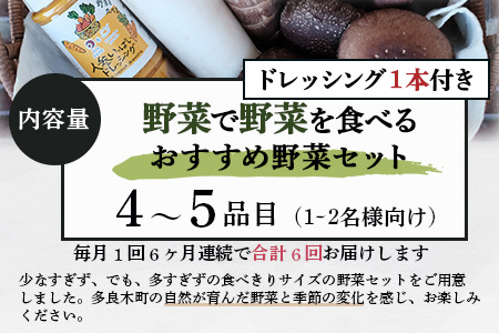 【定期便 6回】野菜ソムリエ 監修【 野菜で野菜を食べる 】旬の おすすめ 野菜＆ドレッシング 定期便 (1?2名様向け) 野菜 獲れたて 直送 旬 新鮮 セット 詰め合わせ 詰合せ 定期便 産地 直送 国産 旬 野菜 ひとり暮らし 夫婦 熊本県 多良木町 ドレッシング 024-0807