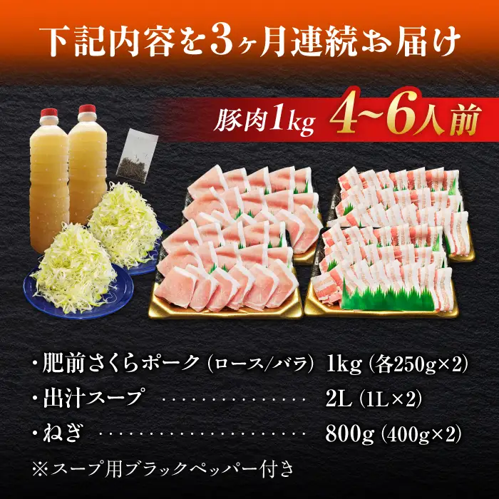 【全3回定期便】白髪ネギてんこ盛り！肥前さくらポーク 豚しゃぶセット（ロース・バラ） 計3kg 4-6人前  吉野ヶ里町/やきとり紋次郎[FCJ096]