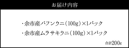 【2027年夏発送】塩水ウニ【バフンウニ＆ムラサキウニ】各100g×1パック 北海道余市町産 冷蔵  生うに うに 海産物 魚介類 北海道産 余市産 とろける 濃厚 磯の風味 甘味 強い 香り  北海道 余市町_Y037-0358