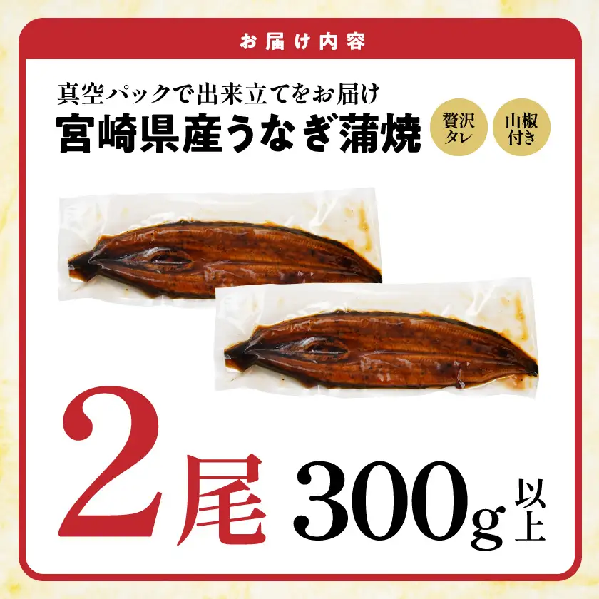 【数量限定】宮崎県育ちのうなぎ蒲焼2尾300g以上≪山椒・たれ付≫〔13-M3-005-2〕_(都城市) 有頭 真空