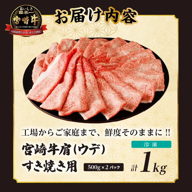 「宮崎牛肩(ウデ)すき焼き用」計1kg 肉 牛 牛肉 おかず 国産_T009-0155