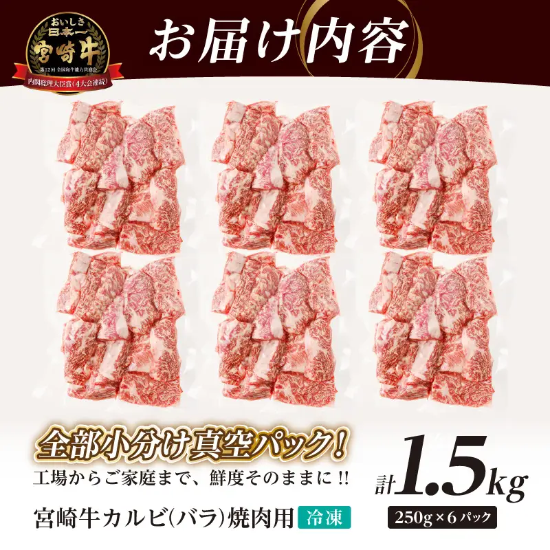 全部小分け真空パック!!「宮崎牛カルビ(バラ)焼肉用」計1.5kg 肉 牛 牛肉 おかず 国産_T041-0085