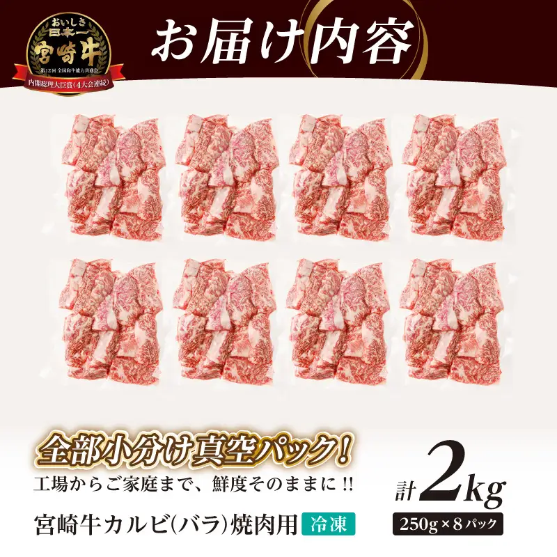 全部小分け真空パック!!「宮崎牛カルビ(バラ)焼肉用」計2kg 肉 牛 牛肉 おかず 国産_T041-0095