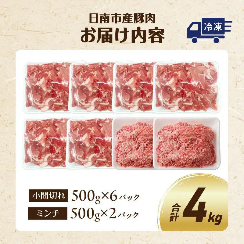 豚小間切れ 豚ミンチ セット 合計4kg 豚肉 ポーク 国産 食品 おかず こま切れ 挽肉 日南市産 個包装 万能食材 おすすめ 生姜焼き 炒め物 ハンバーグ おかず お弁当 おつまみ ご褒美 お祝い 記念日 お取り寄せ グルメ 詰め合わせ おすそ分け 宮崎県 送料無料_CA58-24