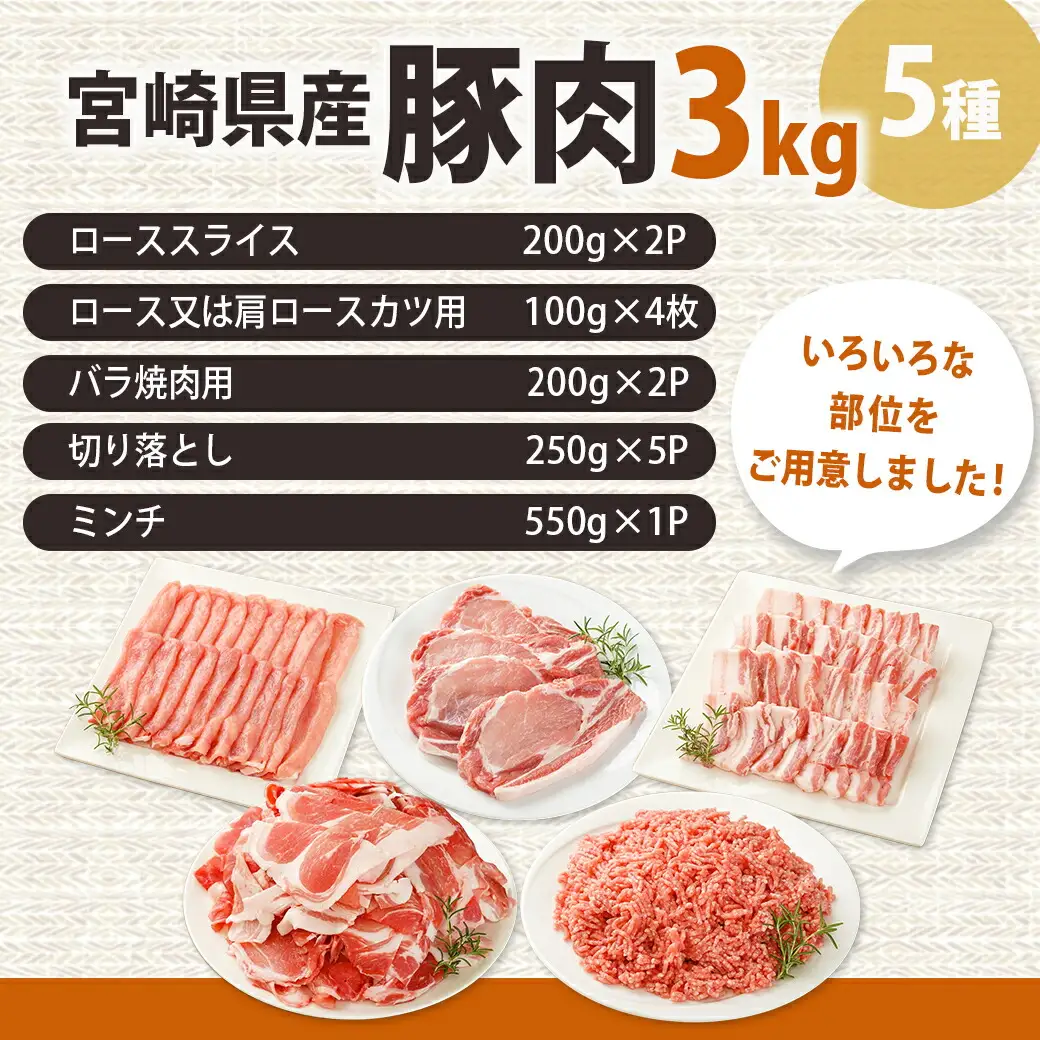 宮崎県産豚肉3kgセット〔MJ-M601〕_(都城市) 宮崎県産豚肉 ローススライス ロース又は肩ロースカツ用 バラ焼肉用 切り落とし ミンチ