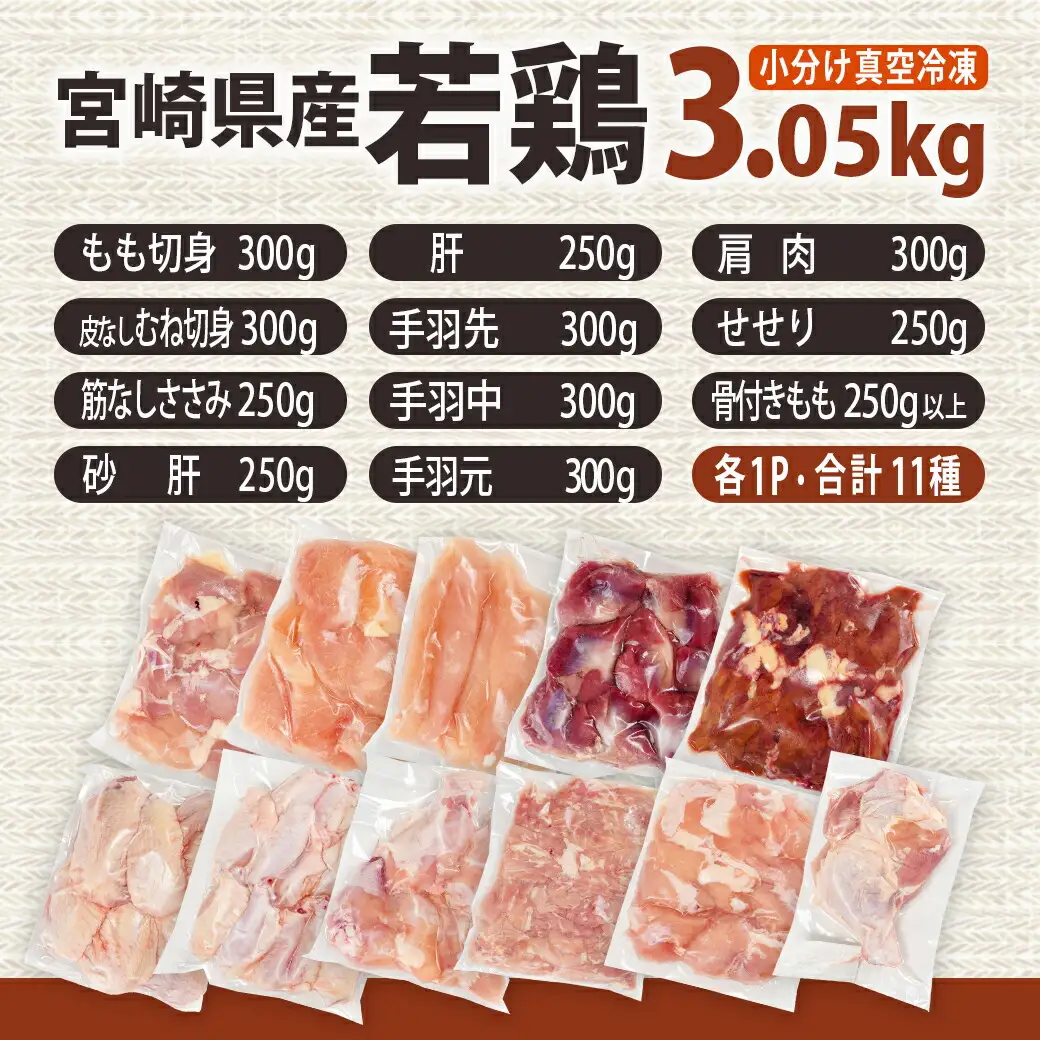宮崎県産若鶏まるごと3.05kgセット〔14-M601〕_(都城市) 宮崎県産若鶏 真空パック もも切身 むね切身 筋なしささみ 砂肝 肝 手羽先 手羽中 手羽元 肩肉 小肉 骨付きもも