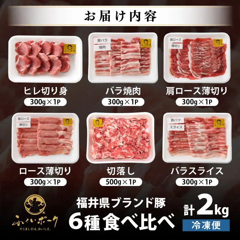 【ブランド豚】ふくいポーク 6種 合計2kg 焼肉・しゃぶしゃぶ用 ロース ヒレ バラ 国産豚肉 冷凍 [e02-b023]