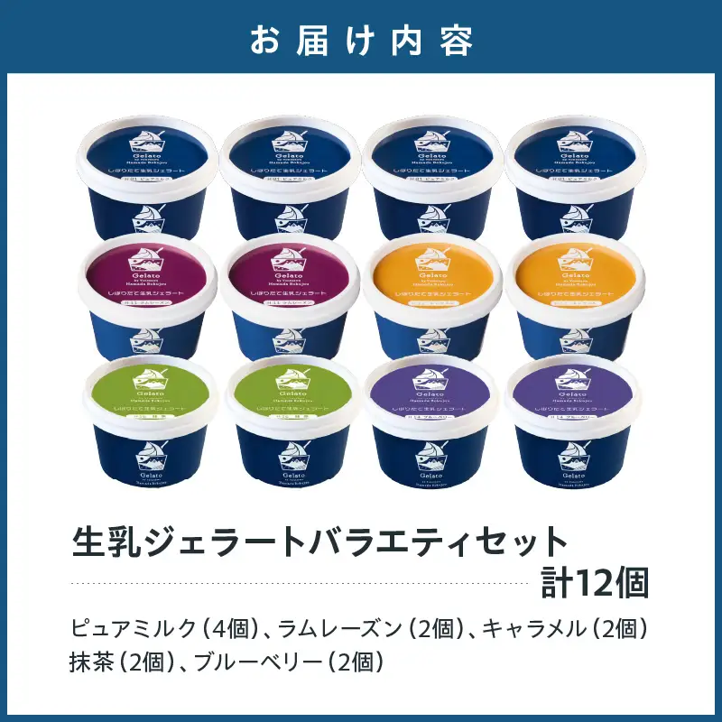 生乳ジェラートバラエティセット　12個　ミルク ラムレーズン キャラメル 抹茶 ブルーベリー
