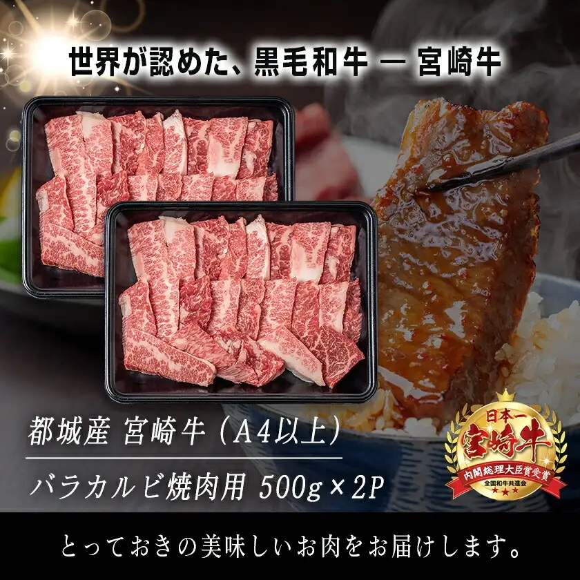 宮崎牛バラカルビ1kgセット〔AD-2501〕_(都城市) ブランド牛 牛バラ カルビ焼肉用 カット肉 500g×2パック 計1キロ カルビ 焼き肉 バーベキュー BBQ 鉄板焼 焼肉 肉のながやま
