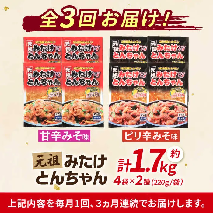 【3回定期便】「元祖みたけとんちゃん」甘辛＆ピリ辛 各4袋（16人前）[AVAA015]ホルモン 定期