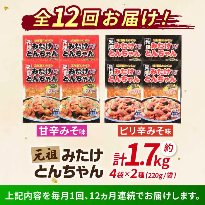 【12回定期便】「元祖みたけとんちゃん」甘辛＆ピリ辛 各4袋（16人前）[AVAA017]ホルモン 定期
