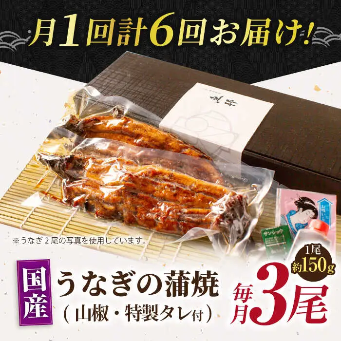 【6回定期便】国産上うなぎ蒲焼 3尾 約150g×3パック  [AVBH015]ウナギ 定期