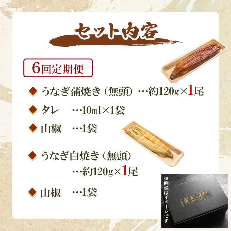 うなぎ 定期便 6回 うなぎ 蒲焼き 白焼き セット 120g 各1尾(無頭) 魚介 国産 海鮮 魚 かばやき 鰻 ウナギ 惣菜 おかず お手軽 しらやき 加工品 加工食品 冷凍  Wun-0103