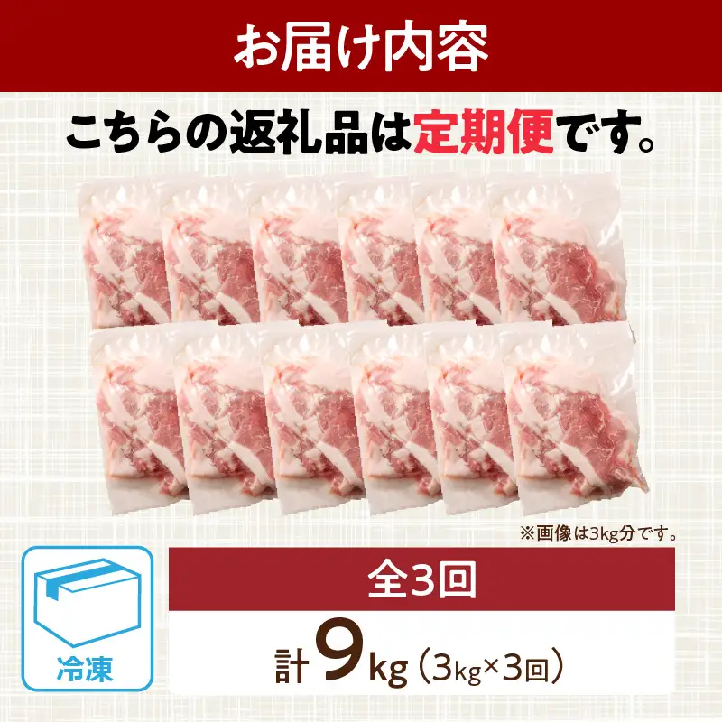 数量限定 3か月 お楽しみ 定期便 小分けで便利 豚 切り落とし 総重量9kg お肉 豚肉 国産 小分け 真空パック 個包装 万能食材 おすすめ おかず 食品 お弁当 豚丼 しゃぶしゃぶ お祝い 記念日 宮崎県 日南市 送料無料_GB3-24