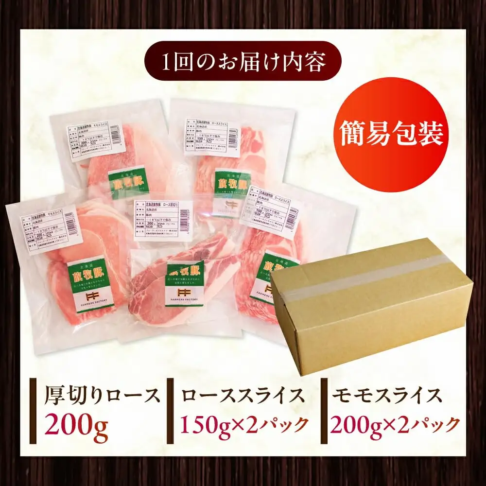 【全2回定期便】【簡易包装】放牧豚 スライス肉3種セット（ロース2種/モモ） ロース モモ 豚肉 とんかつ しゃぶしゃぶ ステーキ 北海道 セット 詰め合わせ[AXBA070]