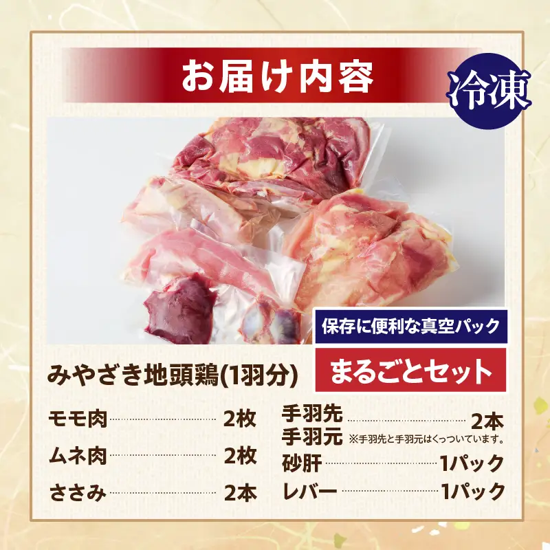 数量限定 みやざき地頭鶏 1羽まるごとセット 肉 鶏肉 国産 食品 小分け 食べ比べ もも むね ささみ 手羽先 手羽元 砂肝 レバー おかず おつまみ お弁当 晩ご飯 から揚げ サラダ 真空パック 冷凍 おすすめ ギフト 贈り物 贈答 宮崎県 日南市 送料無料_DC22-24