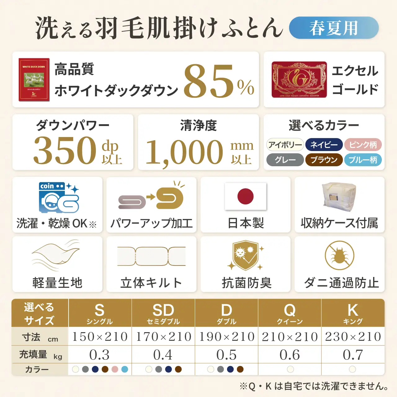 【春夏用】洗える羽毛布団 ダブル 肌掛け ダウン 夏 春 ホワイトダックダウン 85% 0.5kg (無地 ブラウン)