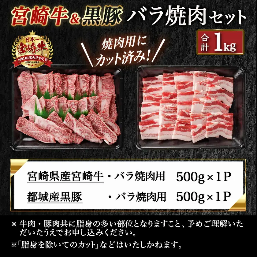 宮崎牛&黒豚バラ焼肉セット(合計1kg)〔18-N402〕_(都城市) 宮崎県産宮崎牛 都城産黒豚  バラ焼肉用 各500g×1P セット 焼肉用カット 焼肉 BBQ 冷凍
