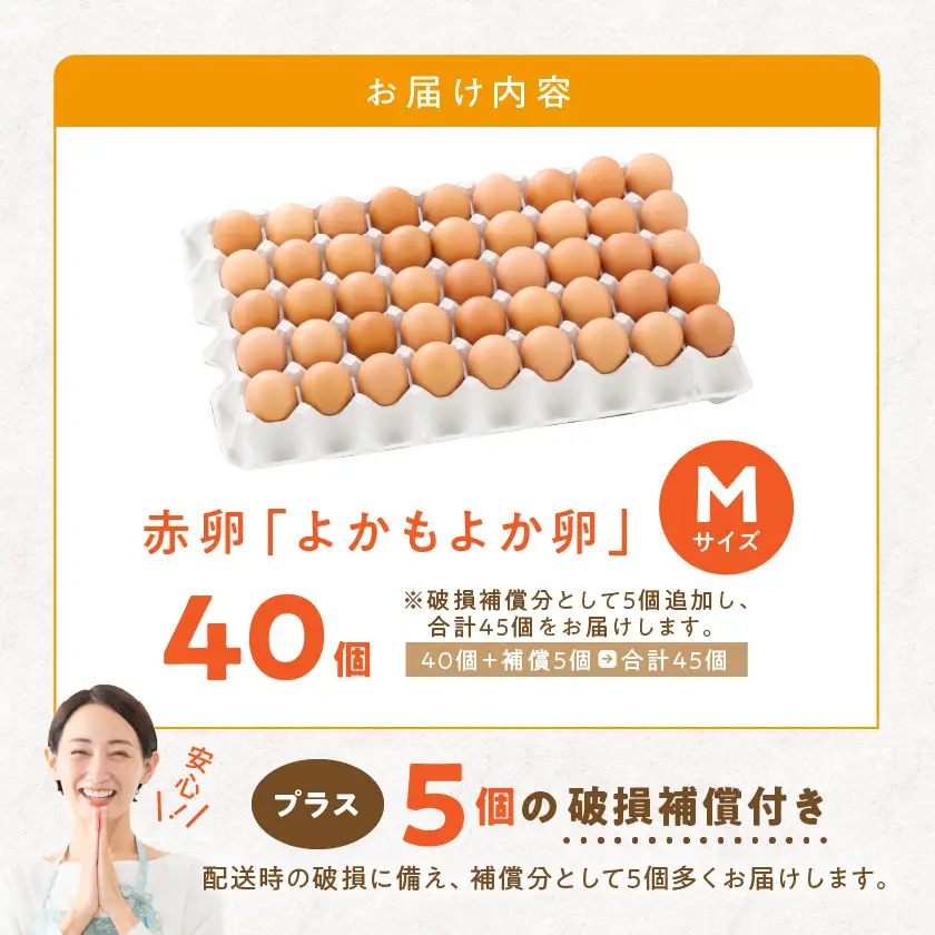 よかもよか卵40個〔11-29-010-40〕_(都城市) 赤卵Mサイズ 破損補償(5個追加) 生卵 鶏卵 玉子 タマゴ たまご 新鮮 濃厚 宮崎県産 家庭用 卵かけご飯 シフォンケーキ たまご焼き オムレツ お料理・お菓子作りに