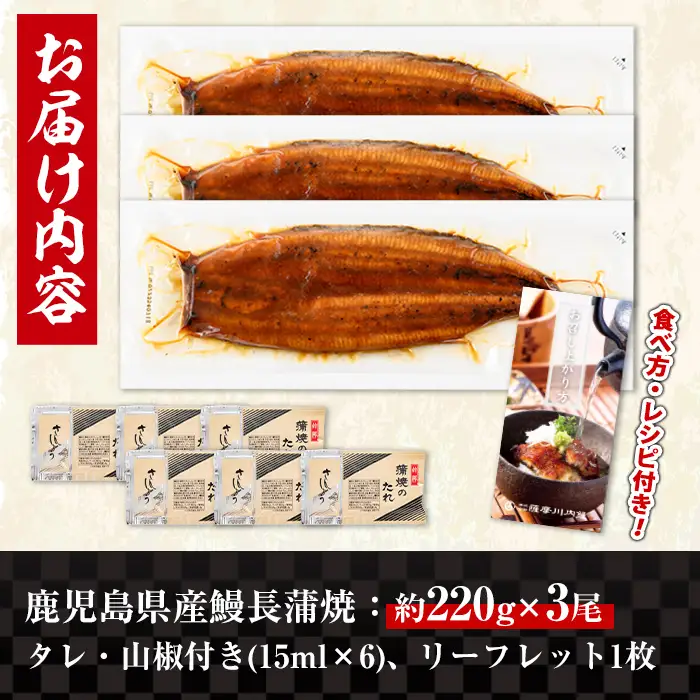 鹿児島県産 うなぎ蒲焼 特大 サイズ 3尾 （約220g×3・計約660g）【薩摩川内鰻】 i1078-B