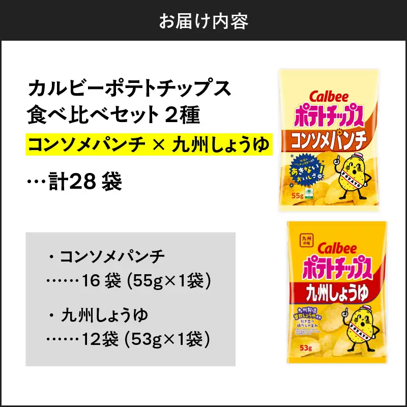 カルビー ポテトチップス 2種 食べ比べ セット 【 コンソメパンチ × 九州しょうゆ 】 計28袋 K194-002_13 菓子