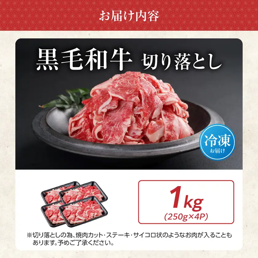 【黒毛和牛】切り落とし1kg(250g×4パック)〔13-I901〕_(都城市)国産黒毛和牛 切り落とし 250g×4パック 外モモ・ウデ・マル・バラ・モモ・ブリスケのMIX 肉じゃが 牛丼 ハヤシライス ビーフシチュー ブリスケ 