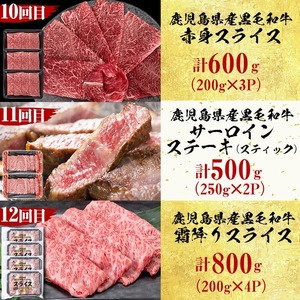【定期便・全12回】＜A5等級＞鹿児島県産黒毛和牛＆国産牛タン プレミアム！牛肉満喫コース＜計12kg超＞ 定期便 牛肉 肉 1年 12回 12ヶ月 お楽しみ バラエティ 小分け 牛たん すき焼き しゃぶしゃぶ ステーキ 焼肉 セット 頒布会 t026-001