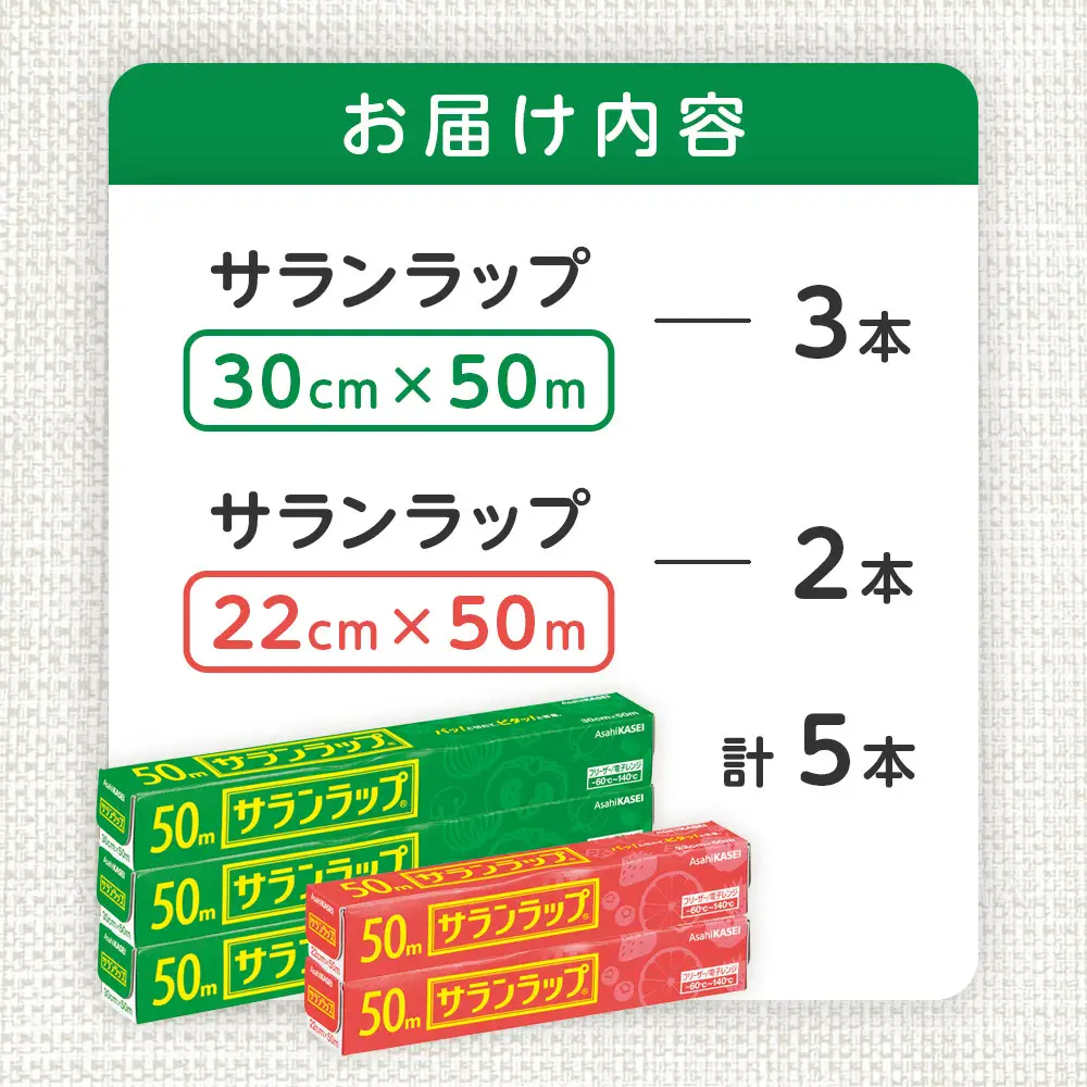 サランラップ2種セット計5本 〈30cm×50m 3本〉〈22cm×50m 2本〉