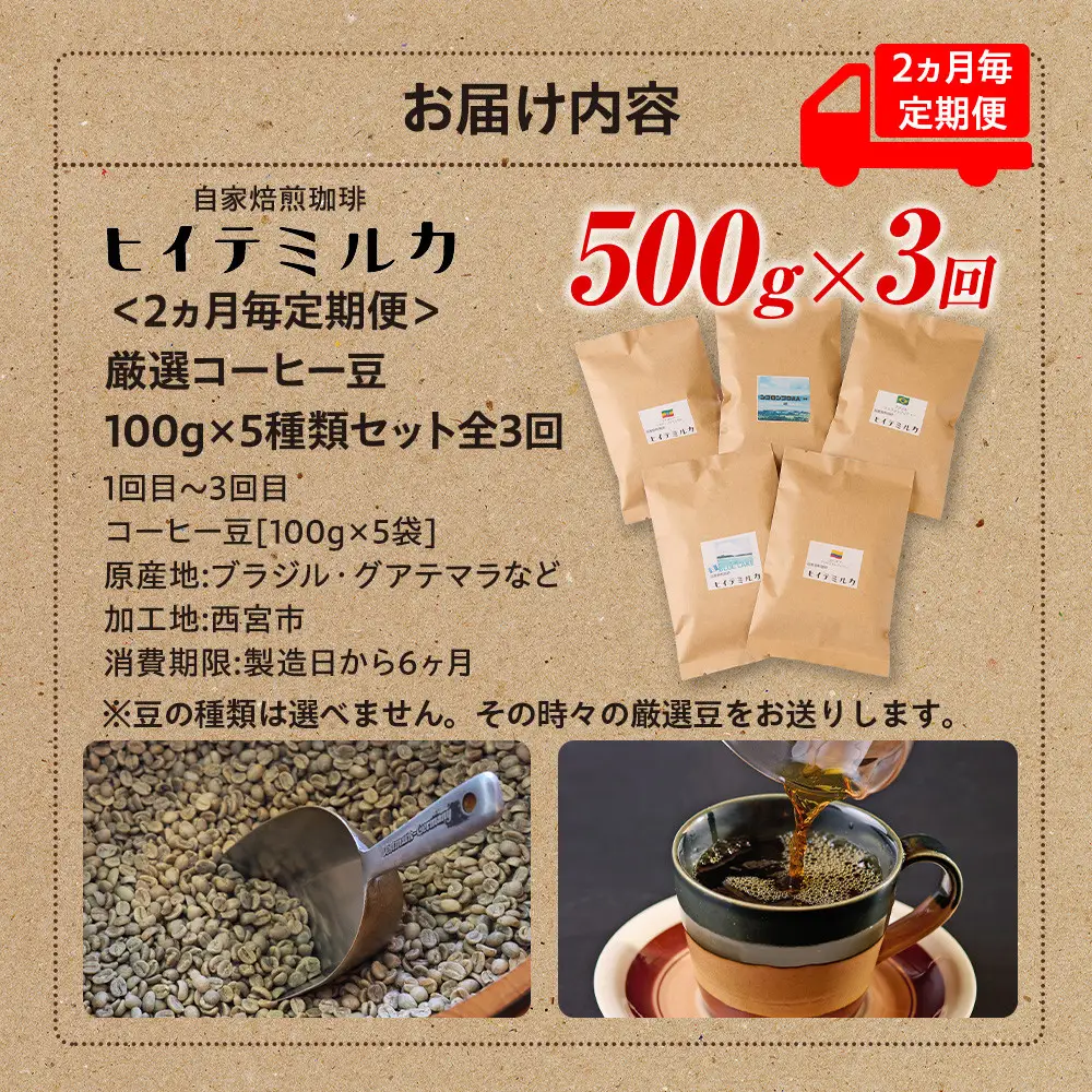 コーヒー ＜2ヵ月毎定期便＞厳選コーヒー豆100g×5種類セット全3回