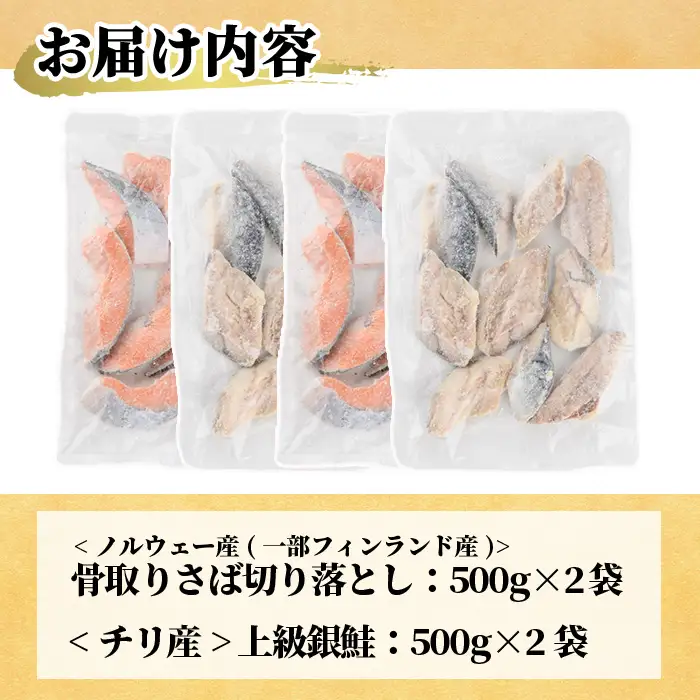 ＜訳あり＞ 甘塩 銀鮭と骨取りサバの切り落としセット(合計2kg・500g×各2袋) 甘塩 小分け カット済 魚【KI-26】【イチマル食品加工】