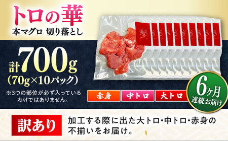 【全6回定期便】訳あり！対馬産 本マグロ 切り落とし 700g（10パック） トロの華 冷凍 新鮮 海鮮 小分け マグロ[WAQ041]
