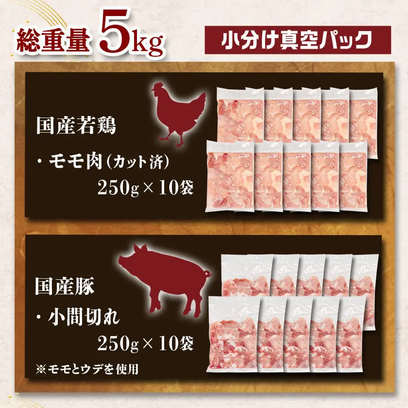 カット済!国産若鶏モモ肉&国産豚小間切れ【総重量5kg】〔21-L501〕_(都城市) 国産若鶏 モモ肉(カット済) 250g×10袋 国産豚 小間切れ 250g×10袋 真空パック