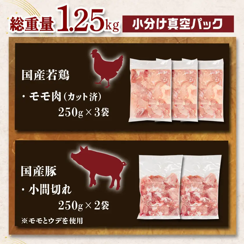 カット済!国産若鶏モモ肉750g&国産豚小間切れ500g【総重量1.25kg】〔LG-L501〕_(都城市) 国産若鶏 モモ肉(カット済) 250g×3袋 国産豚 小間切れ 250g×2袋 真空パック