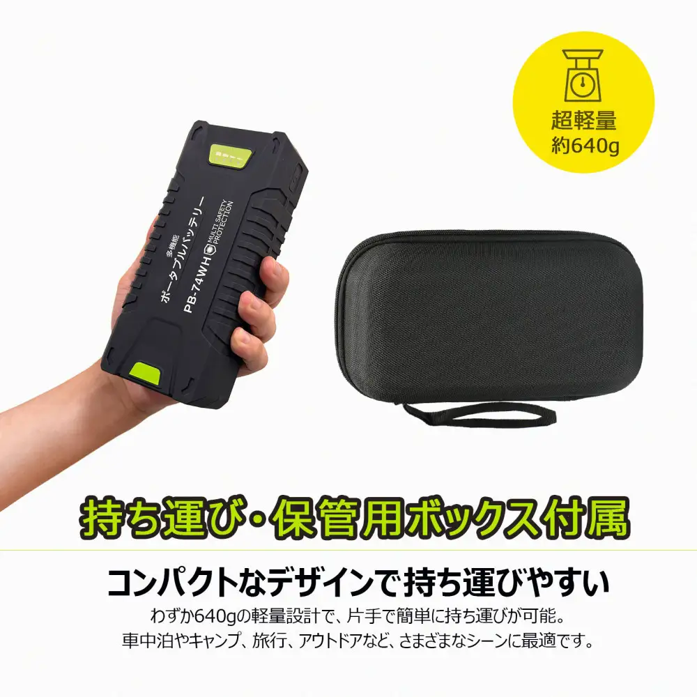 ポータブルバッテリージャンプスターター機能搭載 20000mAh パススルー機能搭載 リチウムポリマー LEDライト付 ハイパワーバッテリー PB-74WH