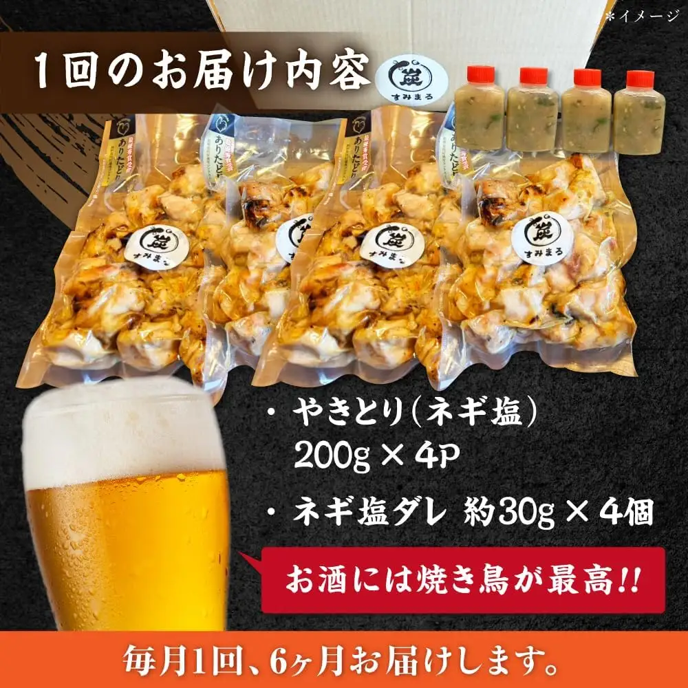 【6回定期便】 鶏肉 炭火焼 焼き鳥800g（ネギ塩） 炭火焼き [UDH066]