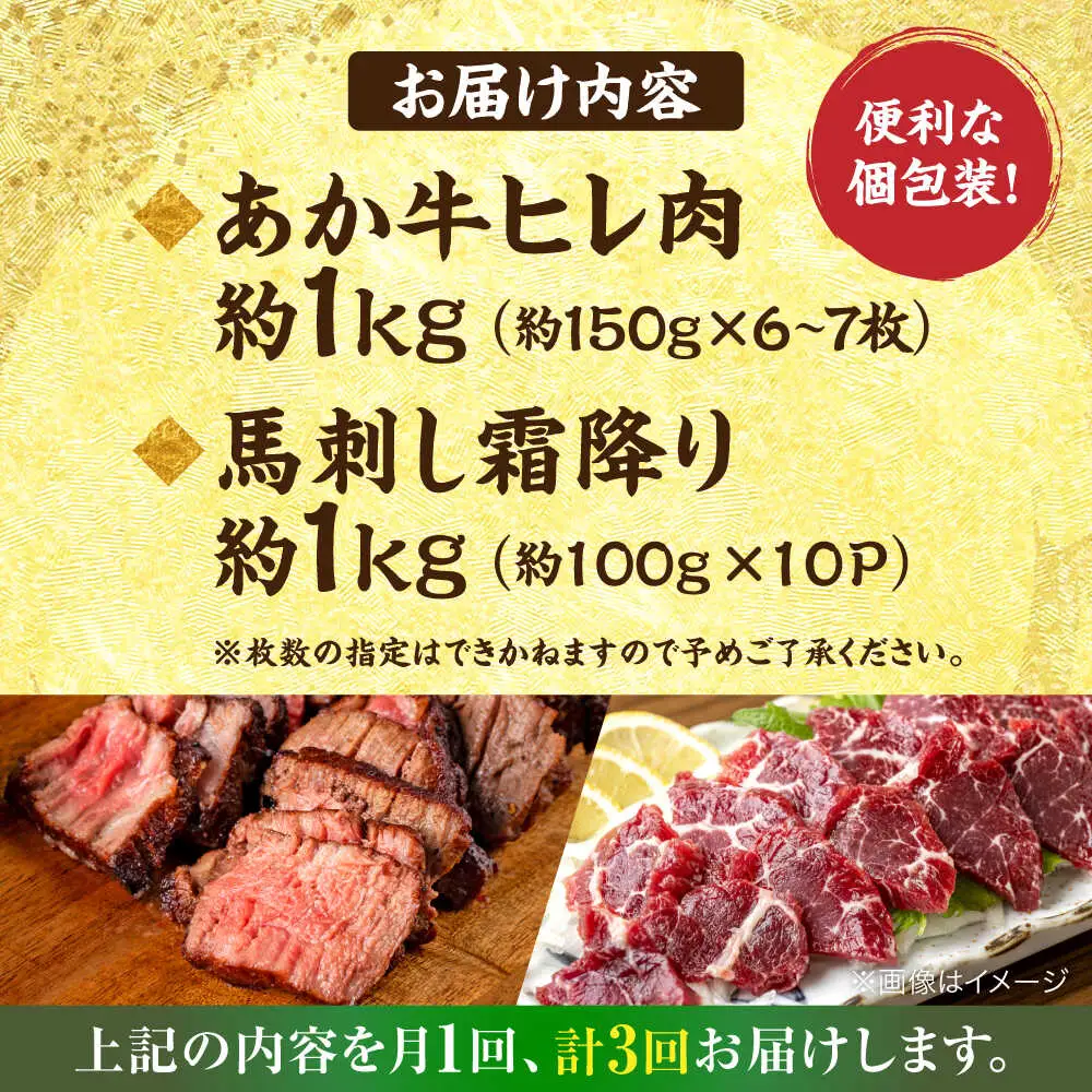 【全3回定期便】熊本の贅沢 あか牛 ヒレ肉 約1kg 霜降り 馬刺し 約1kg 堪能セット ヒレ肉  [AYCB042]
