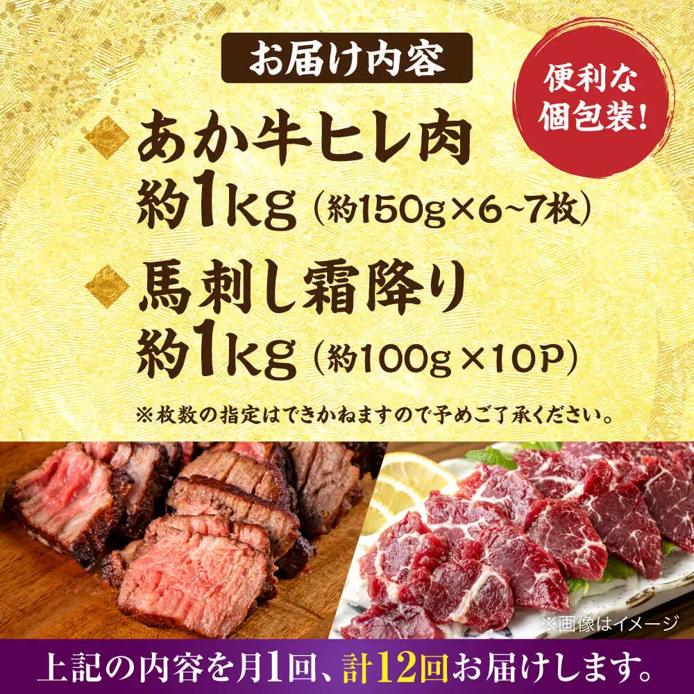 【全12回定期便】熊本の贅沢 あか牛 ヒレ肉 約1kg 霜降り 馬刺し 約1kg 堪能セット ヒレ肉 [AYCB044]