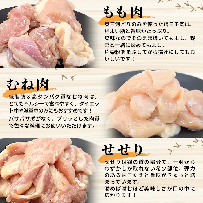 田口塩鶏 国産 若鶏味付け肉 3種セット 900g（もも肉250g×1・むね肉250g×1・せせり200g×２）もも肉 むね肉 塩ダレ 味付け肉 鶏肉 鶏 肉 奥三河どり キャンプ バーベキュー 味付け肉 大容量 地鶏 焼肉 焼き鳥 -169